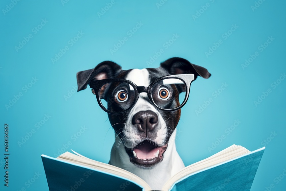 Cute funny dog reading book. Education concept. - obrazy, fototapety, plakaty 