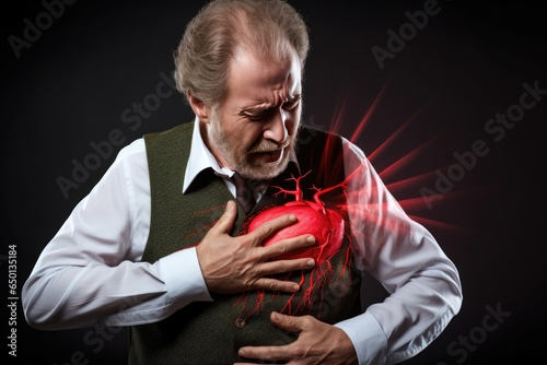 This portrait of a senior man captures the agonizing moment of him suffering from a heart attack against a black background. It emphasizes the importance of heart health and reminds us t Generative AI photo