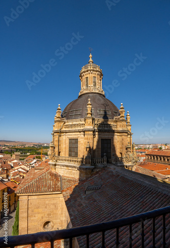 From the balcony, silhouette and shadow of the dome with its cross projected on the roof of the Salamanca clergy tower and view of the city from above. Stork's nest in the dome.