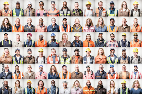 Photo collage portrait of multiracial smiling people with different ages and professions looking at camera. Mosaic of professional modern faces. 