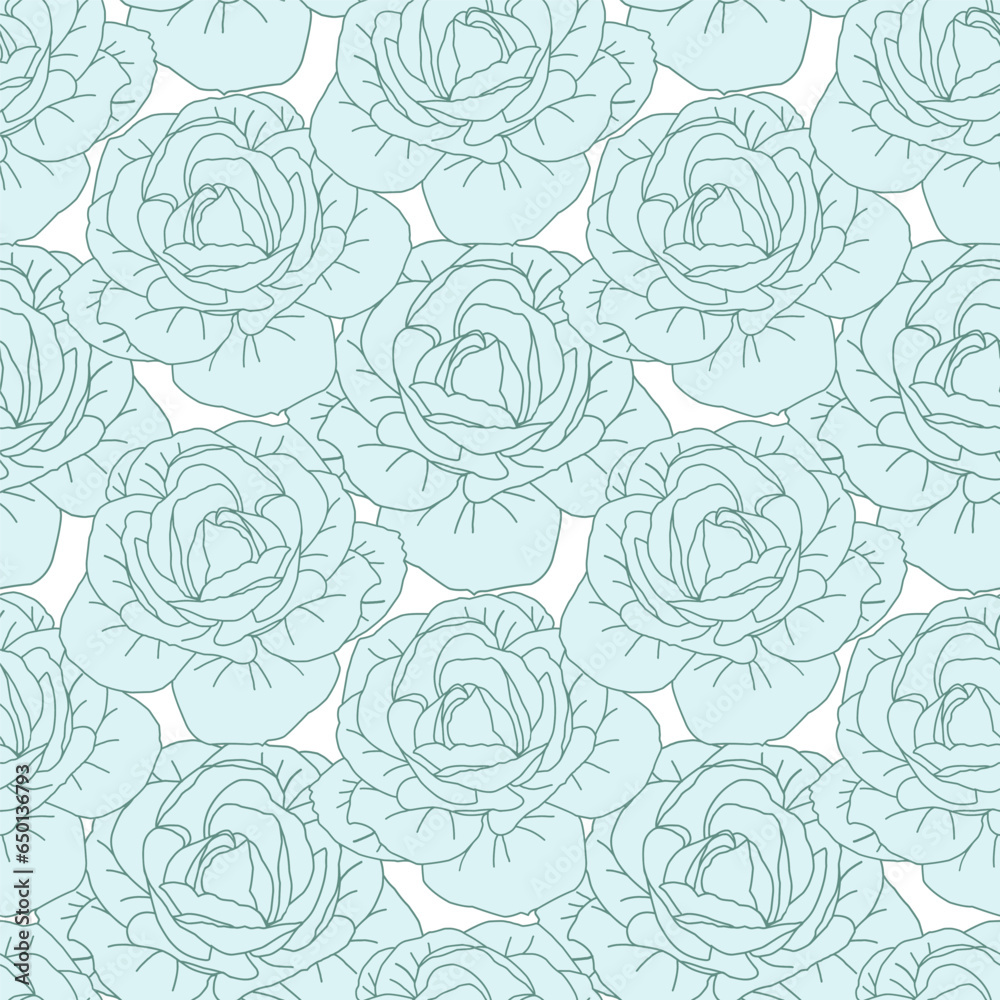 Green roses flower head seamless pattern for textile or wallpaper. Vector line art pastel color background. Green roses flower head seamless pattern for textile or wallpaper. Vector line art pastel color background.