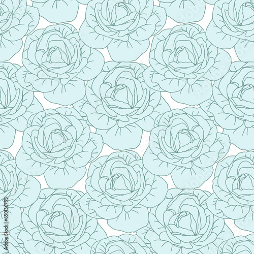 Green roses flower head seamless pattern for textile or wallpaper. Vector line art pastel color background.