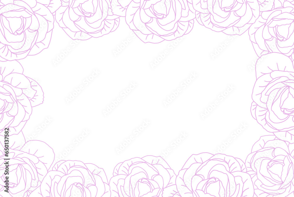 Luxury line art roses botanical frame on white background vector. Elegant line art wallpaper roses flowers head in hand drawn. Cute girly blossom frame design for wedding, invitation or card