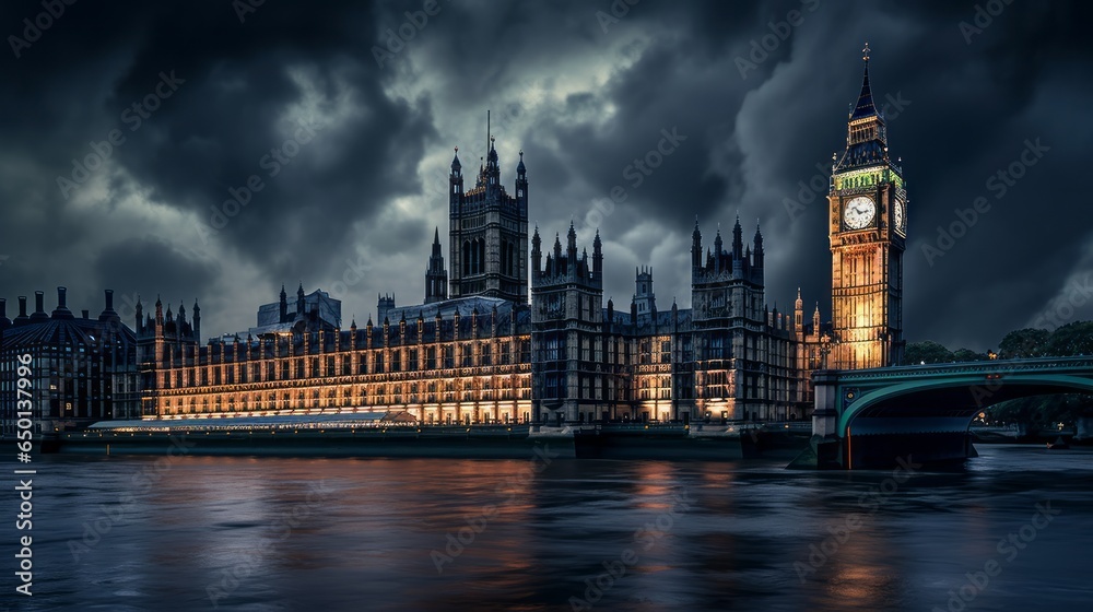 Palace of Westminster in the night, seen from the streets of London. United Kingdom Parliament building. Famous Tourist destination. The biggest London tourist attraction is, government symbol.