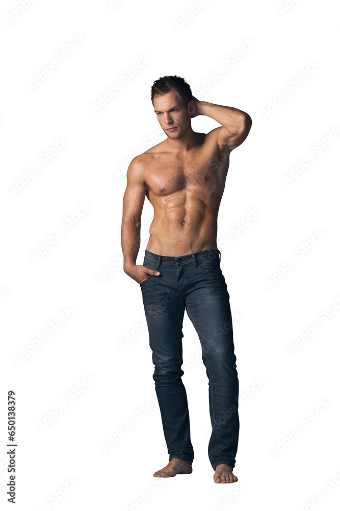 Muscle, body and man with six pack for fashion, fitness and confidence with flexing isolated on png transparent background. Strong, topless and serious Irish model in denim jeans with abs and healthy