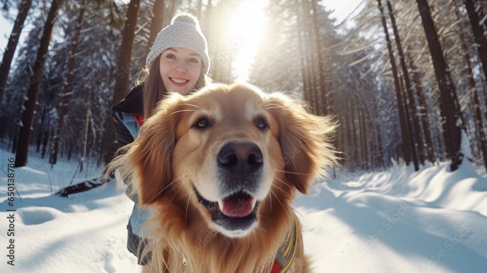 Woman in sheepskin coat and hat with golden retriever dog in snowy forest in winter