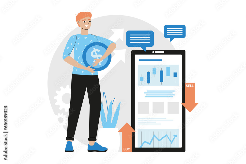 Blue concept Stock market with people scene in the flat cartoon style. Financial expert presents charts and diagrams that reflect the state of the stock market.  illustration.