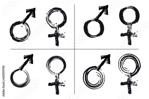 Male and Female signs of ink brush strokes grunge painted style. Venus and Mars symbolize the grunge vector of male and female icons.