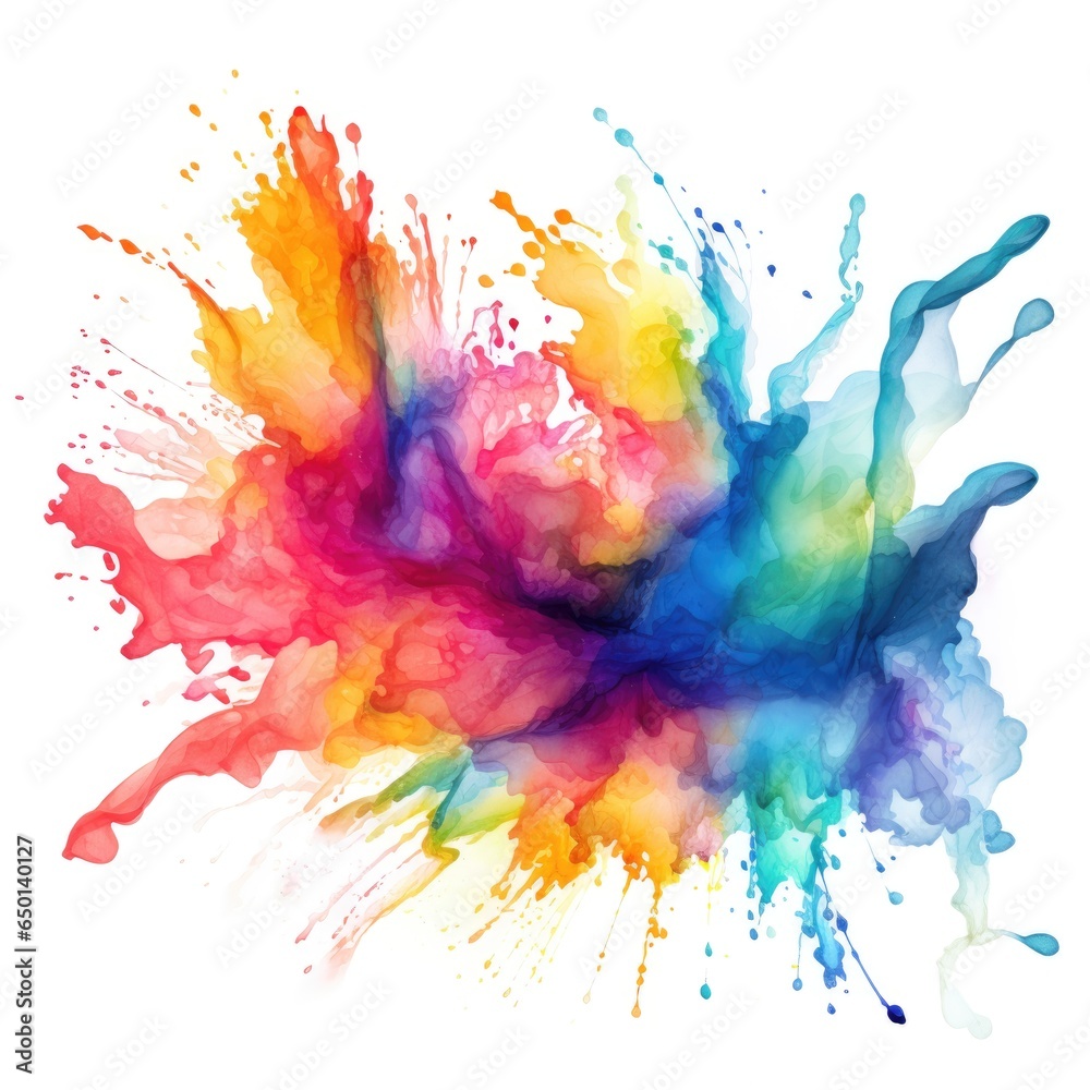 Colorful watercolor splash with splatters on white background