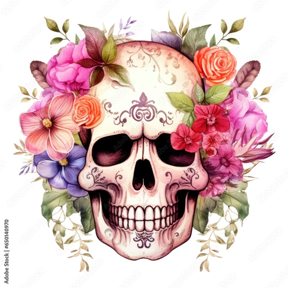 Fototapeta premium watercolor skull with flowers on white background.