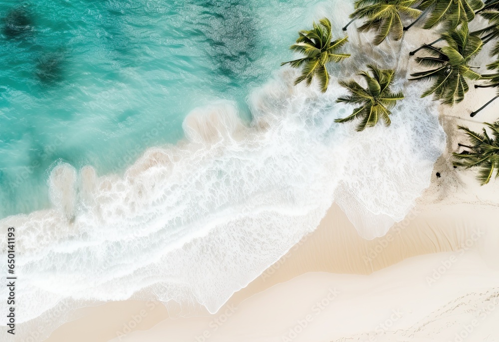 Beach with palm trees on the shore in the style of birds-eye-view. Turquoise and white plane view on beach aerial photography. - obrazy, fototapety, plakaty 