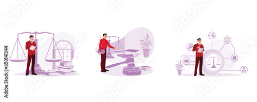 A male lawyer works in the courtroom. The judicial lawyer holds a team meeting. Lawyer holding a digital tablet with legal icons. Law concept. Set Trend Modern vector flat illustration