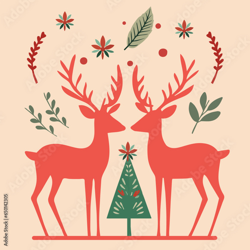 christmas card with deers and florals, celebration 