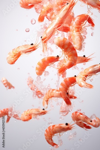 Seafood shrimps prawns fly in the air on pastel background