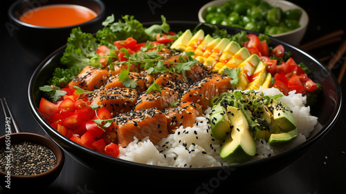 Large plate of sliced salmon, avocado, rice, fruit and greens. Delicious Asian cuisine, keto diet