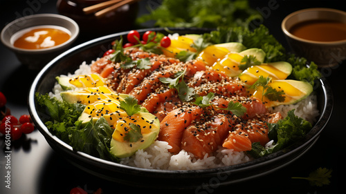 Large plate of sliced salmon, avocado, fruit and greens. Delicious Asian cuisine, keto diet