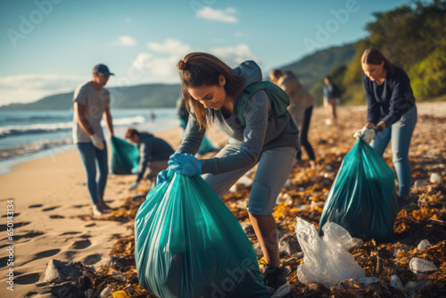 Volunteers or municipal workers collect garbage on a beach. Ecology concept, environmental pollution