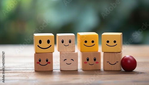 Wooden cubes with smiley face, Customer service concept