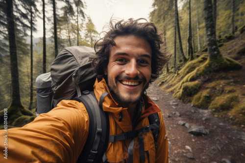 Self-portrait of happy hiker, young male tourist in the forest