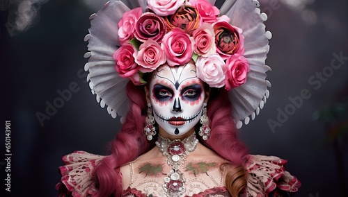 Day of the Dead, Mexican sugar skull makeup woman with pink roses