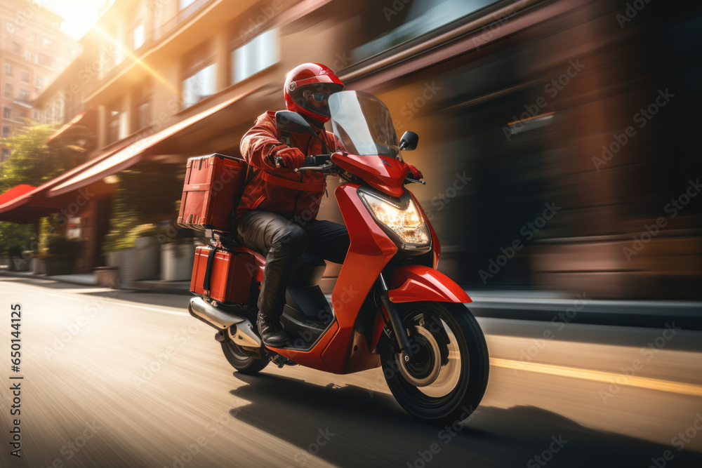 Food delivery boy on motorcycle, scooter moving fast to deliver parcel