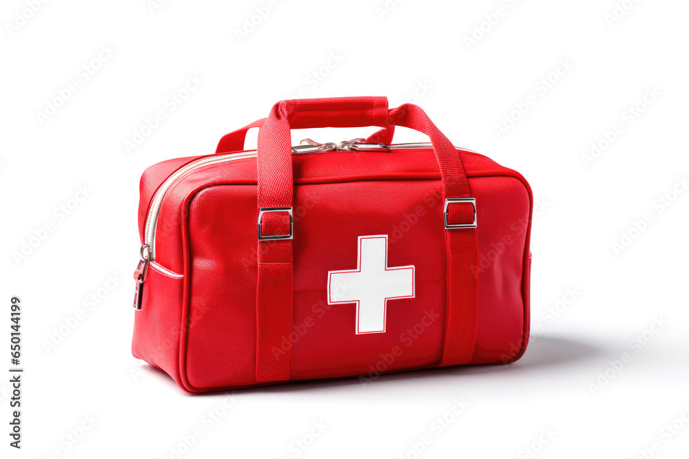 Red bag with first aid kit on white background - obrazy, fototapety, plakaty 