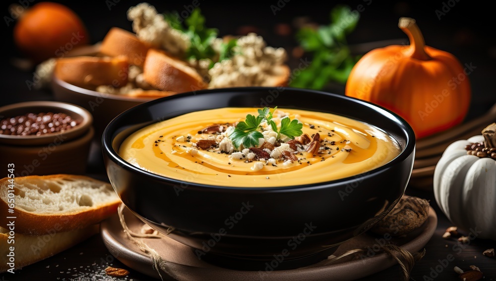Fototapeta premium Pumpkin soup with croutons and nuts on dark background