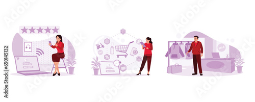 Check the rating on the online store before buying. Using a smartphone with an online shopping icon. Checking goods ordered by buyers. Digital Shopping concept. Set Trend Modern vector flat illustrati