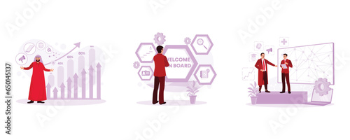 Arab business executive introduces new software product. New Employee Process Orientation Management. Providing motivation and technology science. Introduce An Idea concept. Set Trend Modern vector fl