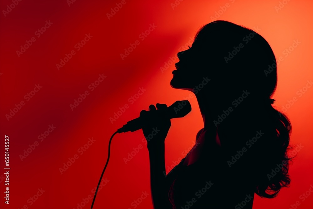 Silhouette of a girl singing into a microphone against the background of a red sunset. Silhouette of a girl singing into a microphone against the background of a red sunset.