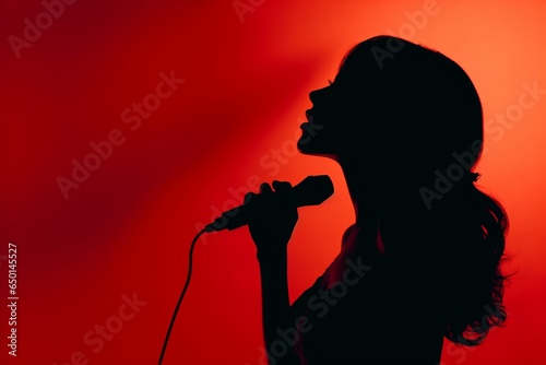 Silhouette of a girl singing into a microphone against the background of a red sunset.