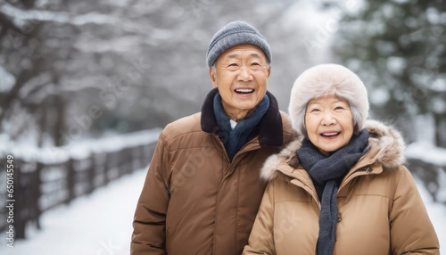 Elderly asian couple outdoors in winter and snow with copy space