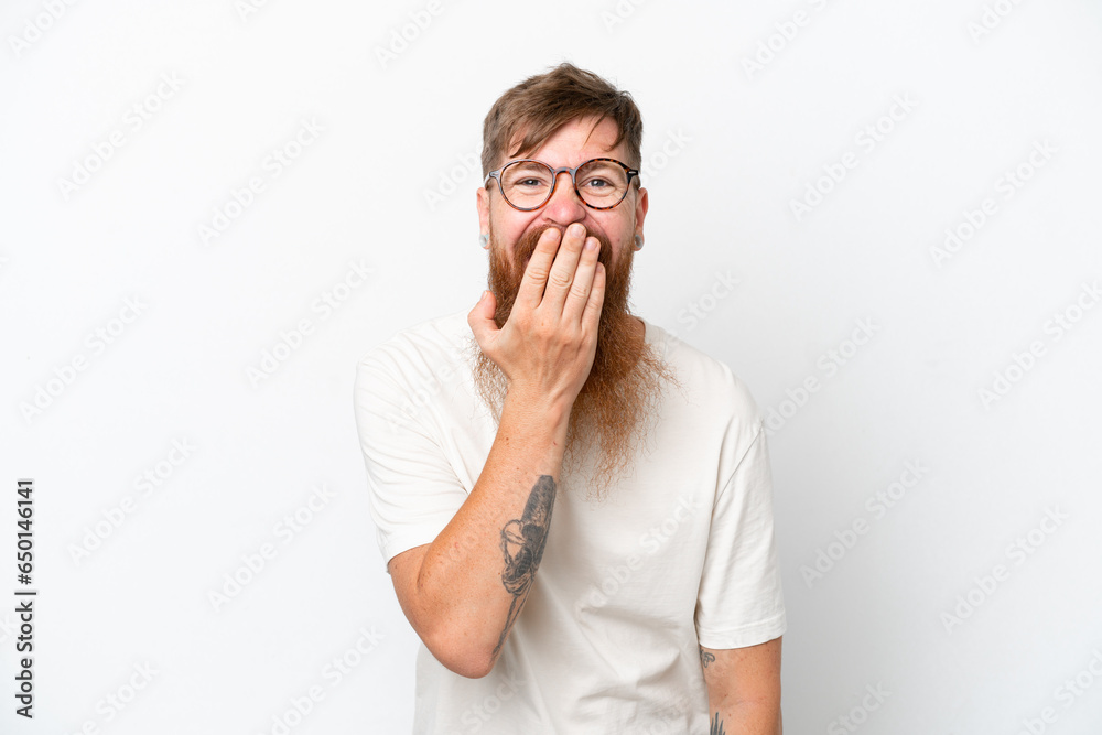 Redhead man with long beard isolated on white background happy and smiling covering mouth with hand Redhead man with long beard isolated on white background happy and smiling covering mouth with hand