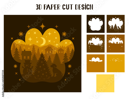 Dog Paw Christmas shadow box with snowman and dog. Vector layered tunnel card. Merry 3D Christmas multilayer paper cut design. Template for paper cutting. Light box with animal.