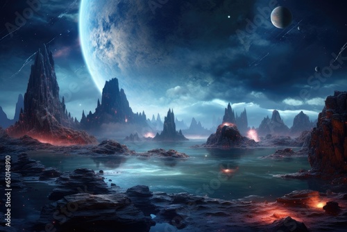 alien landscape, fantasy planet, night sky with stars on background. © dashtik
