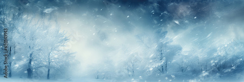 Blue abstract background with snowy forest and snowflakes. Horizontal banner