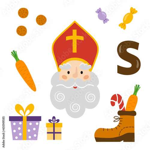 Sinterklaas set with treats, gifts, shoes, carrot, chocolate letter, cookies etc Fototapet