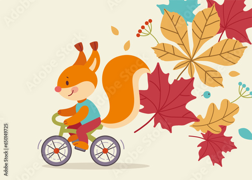 Cute smiling squirrel ride bicycle with flying autumn leaves. Vector design concept for poster, banner, decoration, card for Hello Autumn, Fall, Harvest Festival. Flat vector illustration.