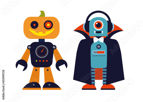 Cute robot monster in halloween costume. Vector flat isolated illustration on white background with vampire robot and pumpkin head robot. Icon, greeting card, poster, banner concept design.