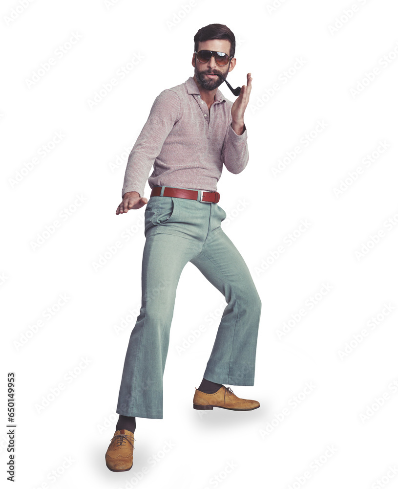Retro, fashion and man in portrait dancing in disco with 70s, pipe and smoking on isolated, transparent or png background. Vintage, clothes and person with sunglasses and hippie, style or freedom Retro, fashion and man in portrait dancing in disco with 70s, pipe and smoking on isolated, transparent or png background. Vintage, clothes and person with sunglasses and hippie, style or freedom