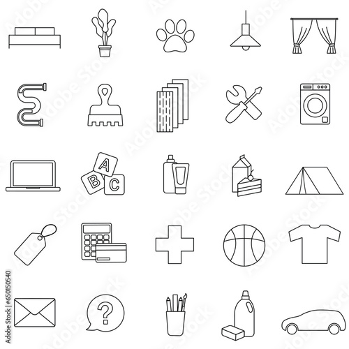 Product signs symbols icons elements for shop websites emblems lines goods for sale commerce vector illustration