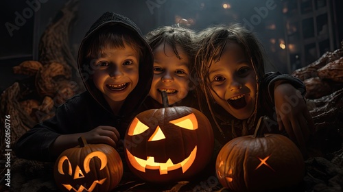 Group of children dressed up for Halloween, 3 children having fun on Halloween