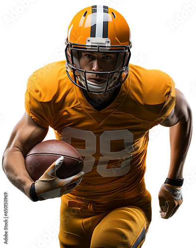 American football player in a yellow helmet and uniform runs with a ball in his right hand. Isolated on a transparent background