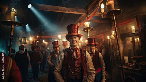 Magician with a red top hat in the old circus.