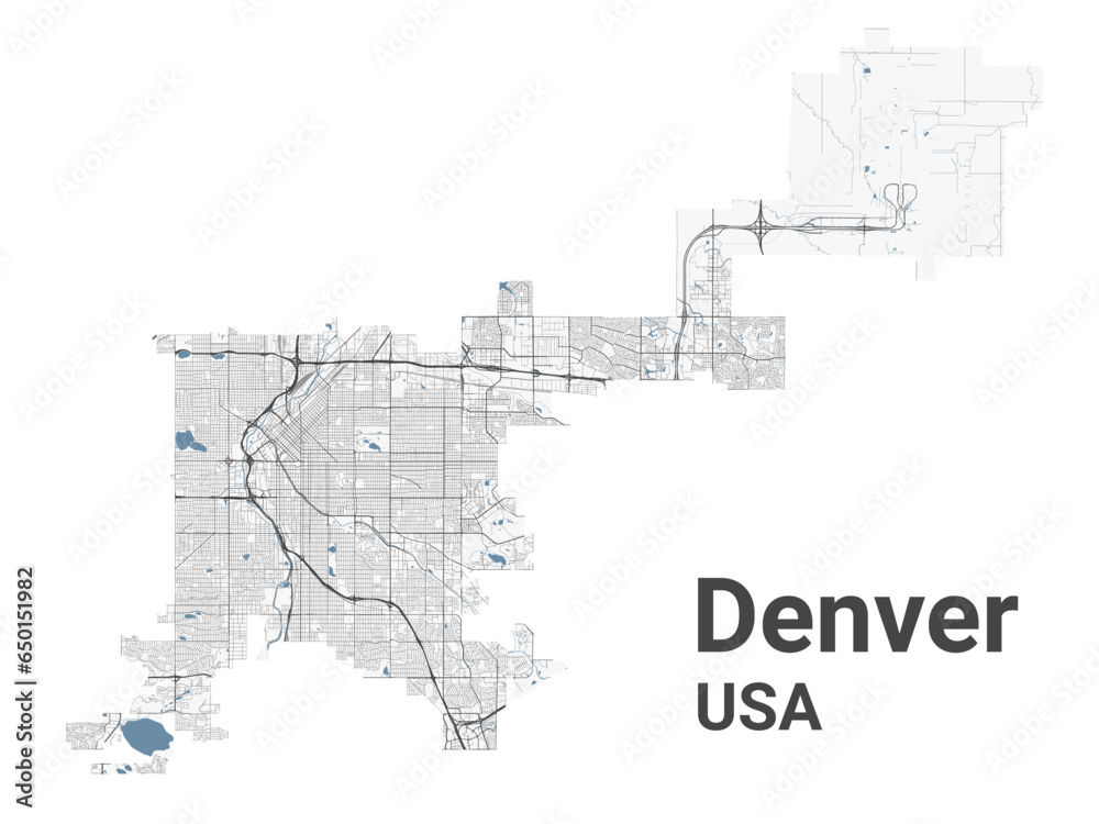 Denver map, American city. Municipal administrative area map with rivers and roads, parks and railways.