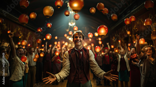 Portrait of a young man with lanterns in mysterious circus scene.