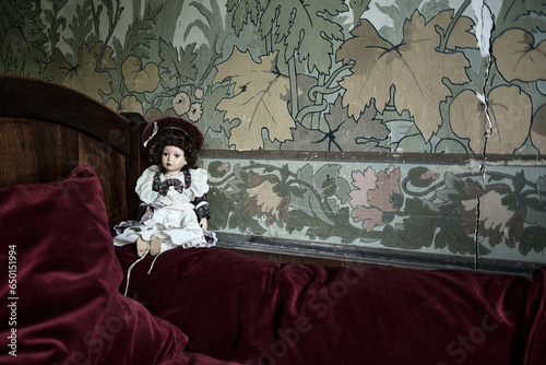 Silence dans le temps, deux poupées dans une chambre délabrée de l'époque 1900