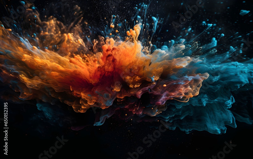 A stormy wave of mist and fluid paints, with a mix of blue, orange, and red colors, Generative AI © Andrii
