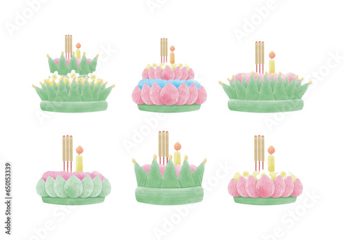 set of group krathong of Loy krathong festival illustration element isolated on background Vector