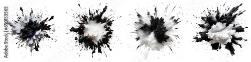 Set of black and white smoke mix explosion freeze in motion on isolated white background, generative ai